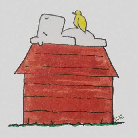 Ink doodle of a capybara lying on the roof of Snoopy's red doghouse while a yellow bird sits on the capybara.