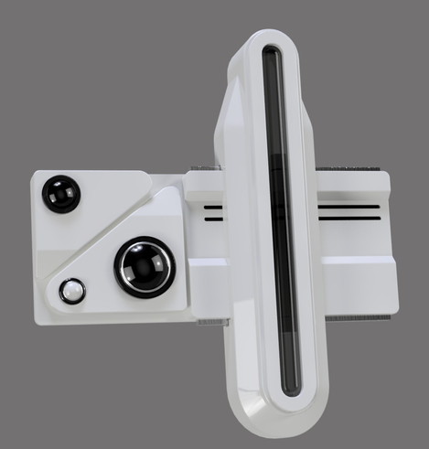 A 3D model replica of the baseline scanner from Blade Runner 2049. A white vertical base with 2 dark lenses and one white lens  on the left and a vertical scanner bar on the right with a dark, long lens. The vertical scanner is on linear rails indicating it can move left/right a few centimeters.