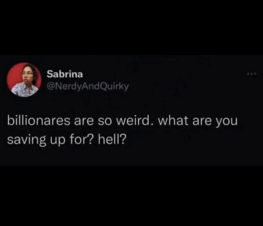 A tweet by user "Sabrina" (@NerdyAndQuirky) features a profile photo of a person with glasses and a red background. The tweet reads:
"billionares are so weird. what are you saving up for? hell?"
The tone is sarcastic, critiquing the accumulation of extreme wealth.