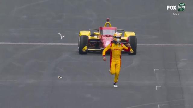 Alex Palou strips off his gloves and throws them in the air, as he runs down the track towards his team's pit box.