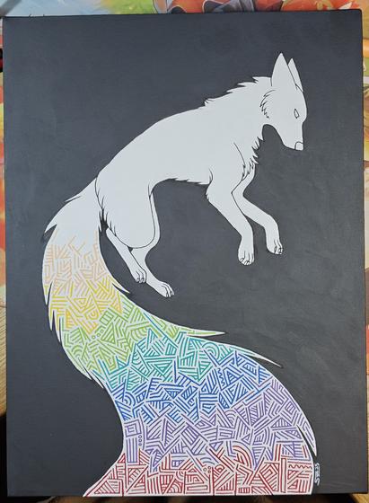 White jumping fox silhouette with a long and big tail on a black background. In the big tail  are lines and shapes doodled in the colors of the rainbow going from top to bottom