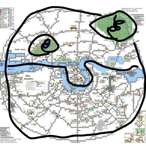 Highly detailed map composed of interconnected nodes and pathways, each marked with different symbols and colors to represent various locations, types of terrain, or features. The map includes several legends and labels such as “The Shades” and “Hide Park.” A thick, black outline has been drawn over the entire map, forming the shape of a simplistic cartoon face with two eyes, a nose, and a mouth, altering the visual structure of the map.