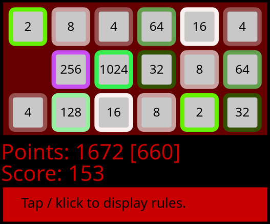Screenshot of a tile mover game, showing 17 tiles labeled with powers of 2. Below the board of tiles, the score is displayed.