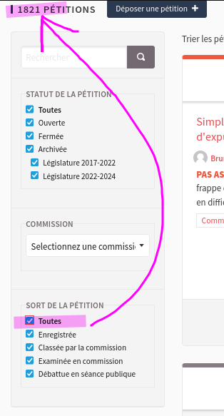 Impression écran du site des pétitions de l'Assemblée Nationale dans la rubrique de recherche.
Options cochées : tous les statuts de la pétition (ouvertes, fermées, archivées, dans les dernières législatures)

Sort de la pétition : Toutes

Résultat : 1821 pétition