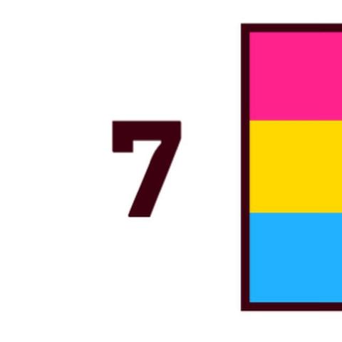 The number 7 with the left edge of a flag. The flag is split into thirds with magenta at the top, yellow in the middle, and cyan at the bottom.