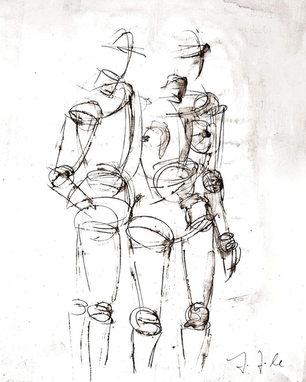 Two simplified human figures sketched in fine, expressive lines, standing closely side by side. The style is raw and spontaneous, evoking a sense of intimacy and movement.

Zwei vereinfacht dargestellte menschliche Figuren in lockerer Fineliner-Skizze, eng nebeneinander stehend. Der Stil wirkt spontan und lebendig – mit einem Hauch von Zärtlichkeit.
(Foto by Johann Seidl, Gartenpoet)