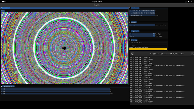 A GUI with coordinate parameters and an image of a deep Mandelbrot set zoom, which appears to be a stack of small rings. Right, a terminal, running  the GUI program and sowing some progress.