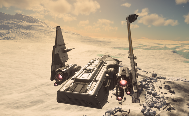 Star Citizen Screenshot: Die Drake Corsair im Landeanflug über einer Schneewüste. Die Flügel sind für die Landung nach oben weggeklappt.