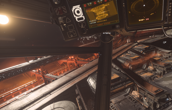 Star Citizen Screenshot: Blick aus dem Turmgeschütz auf eine Raumstation.