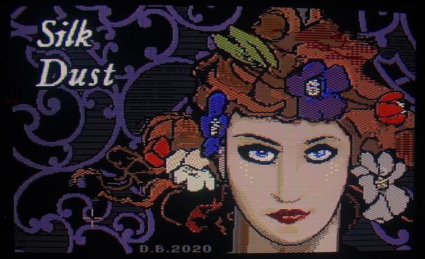 The splash screen of the Silk Dust text adventure game on Commodore Amiga computer.