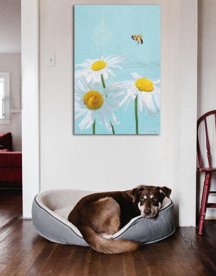 White daisies on blue with a honey bee hovering over them by artist and poet Sharon Cummings.  Haiku in post.