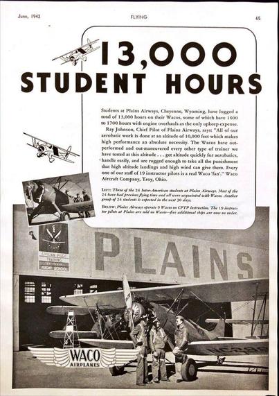 Advertisement shows a bi-plane in front of a hanger. The ad is for the flying school.