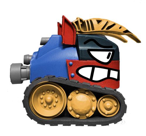 The color mockup: A profile view of a tank that looks like a simplified bull. It has a blue body with a red jaw and a dark blue forehead. Sticking out of its head are red ears with long, bronze horns. Several turbines stick out from the back of the body. Large tank treads are supporting the body. A cartoonish angry face is drawn over it digitally.