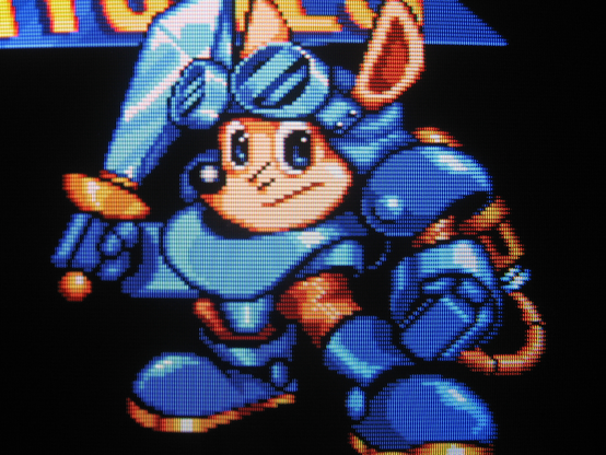 Sparkster, the adventurous Rocket Knight, looking cute and cool on the game's title screen.