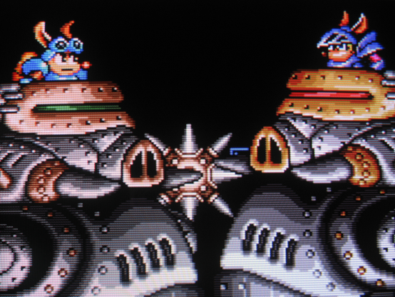 Sparkster and his Rival square off in giant rock-'em sock-'em mechs..