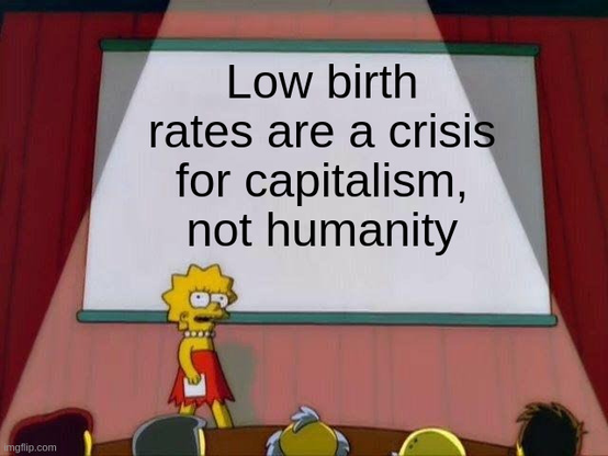 The Lisa Simpson presentation meme with text that reads "Low birth rates are a crisis for capitalism, not humanity