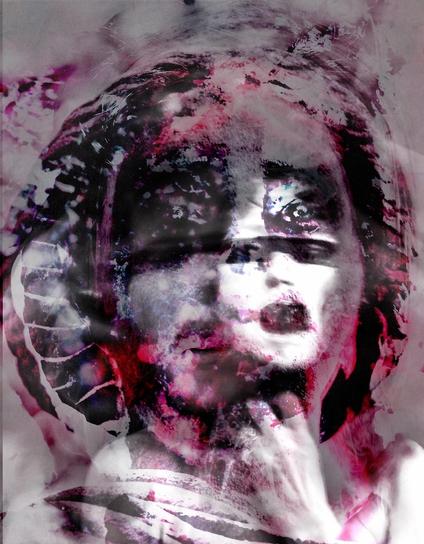 Color photograph, portrait format, multiple exposures in desaturated violet/pink tones on a black-and-white original image. Self-portrait (headshot). The initial photo is a stone bust from a tomb. Multiple exposures with additional headshots of varying sizes, all merged at approximately eye level, create the impression of a literally multifaceted person. Some eyes gaze almost hypnotically at the viewer; other faces have darkly shaded eye areas. Overall impression: different facets of a personality; no one can know who is currently "ruling" in their minds.