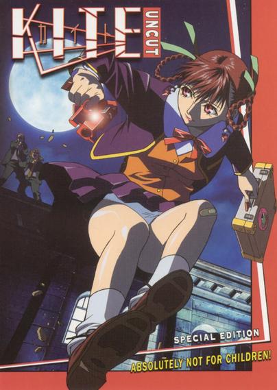 Cover art of the Kite (uncut) cover art. Shows a girl holding a gun and small briefcase while jumping from a roof at night with the moon behind her. two figures behind her on the roof appear to be firing at her.