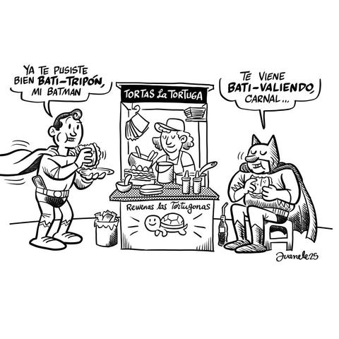 Inked digital drawing of Superman and Batman eating sandwiches at a Mexican street place. The woman selling the sandwiches is between them at the center of the scene