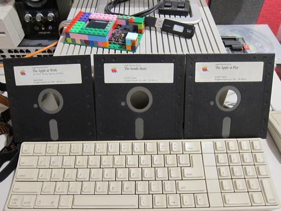Apple II series original floppies (flippy). The Apple at Work 40-column version, Apple Presents the Apple IIc (Inside Story), The Apple at Play.