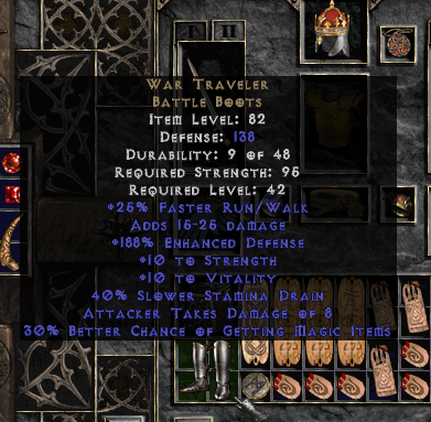 War Traveler boots in a character's inventory in the game Diablo 2.