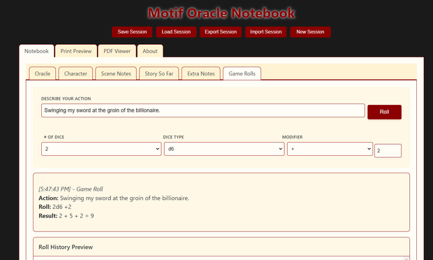 Screenshot of the Motif Oracle Notebook. Shows a text entry field for rolling that says "Swinging my sword at the groin of the billionaire" with a roll button next to it. Below that are selectors for number and type of dice, plus dice modifier. Below that it shows roll results.