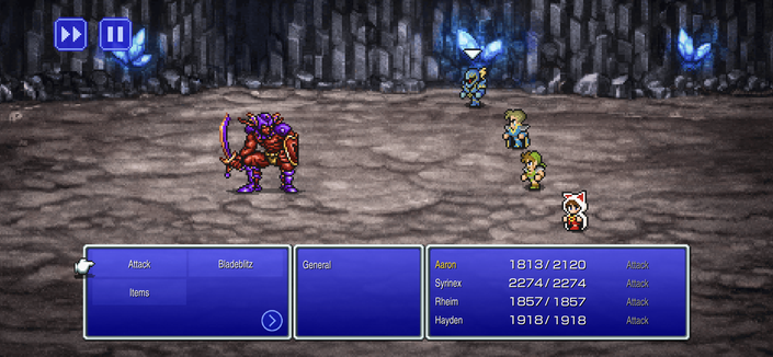 In a barren wasteland, four characters stand in front of a fortress. The character on the left, clad in blue armor, wields a sword and shield, prepared for battle. Opposite them stands another figure, cloaked in dark robes, armed with a staff and casting spells. In the middle are two characters: one is an elf-like creature dressed in light green attire, while the other sports a white outfit adorned with blue stripes. The fortress looms behind them, its stone structure hinting at ancient history or mystical significance.