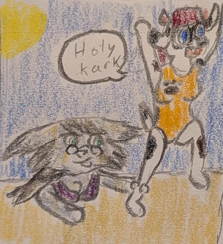 Color pencil drawing of two women. Silva Leon, an anthro cat woman, pops out of the sand and grabs her friend's leg. Laika Wolff, an anthro fox terrier woman, jumps in surprise and shouts "Holy kark!" at the sneak attack.