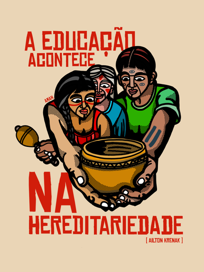 Uma ilustração gráfica representa três figuras indígenas, com mãos unidas ao redor de um recipiente, simbolizando a transmissão de conhecimento cultural. O foco central da imagem está nesse ato de compartilhamento. Os personagens possuem traços étnicos, vestuário tradicional e expressões sérias e concentradas, com um tamboril na mão da figura à esquerda. O estilo gráfico utiliza linhas robustas, preenchimentos planos e uma paleta de cores quentes e terrosas, o que cria uma atmosfera acolhedora. O cenário abstrato e a iluminação uniforme direcionam a atenção para a ação principal de compartilhamento, transmitindo dignidade e respeito.