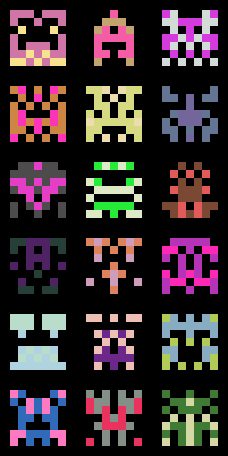 a 3x6 grid of multicolored 7x7 pixel aliens a la space invaders