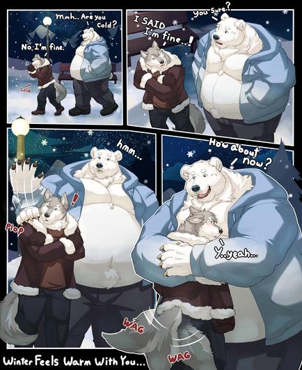 Just a warm little comic that I had in mind since last winter but never got to work on it until now~ Something about little wolf guy trying to be all tough and having an attitude towards the big polar bear, but the bear knows just the right solution~