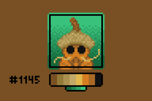 Pixel art of a shrimp's face, wearing an acorn cap for a hat.