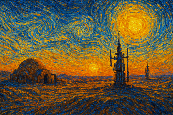 Van Gogh–style oil painting of a golden hour Tatooine landscape with swirling skies, twin suns, a domed home, and towering moisture vaporators across a textured desert.