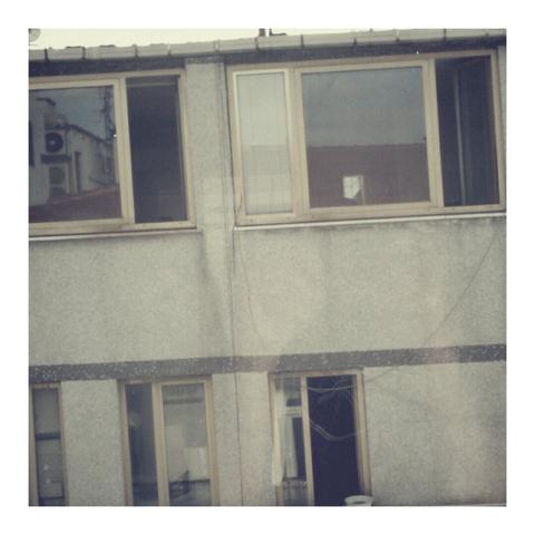 A wall of windows with vague dark scenes behind them