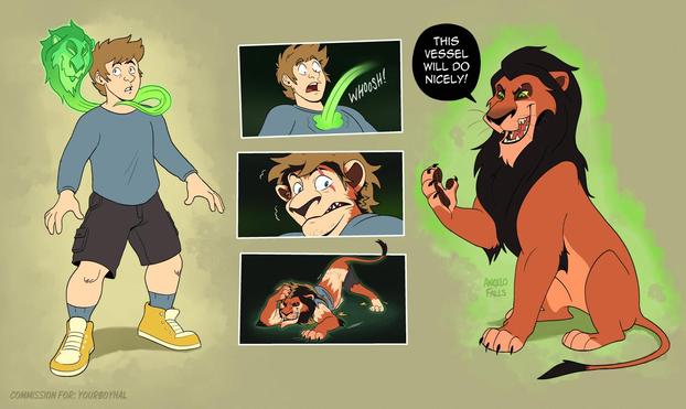 A transformation sequence involving a human man getting possessed by a spirit, mentally and physically turning him into Scar, an evil feral lion with a dark mane and green eyes. Dialogue: "This vessel will do nicely!"