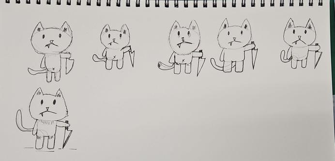 several sketches of a small cat holding a large knife.