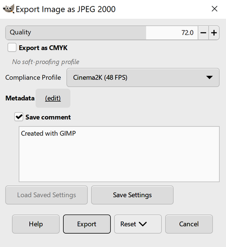 A screenshot of the WIP JPEG 2000 export screen in GIMP. The title bar says "Export Image as JPEG 2000". Below it, there's a Quality slider bar from 0 to 100. Next, there's a checkbox to "Export as CMYK". After that, there's a Compliance Profile dropdown with the option for "Cinema2K (48 FPS)" selected. Finally, there's an option to save a comment and text field to enter it below.