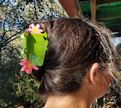 A slightly blurry photo of my head, turned away from the camera.  I have dark hair, which is swept up in a classy way and held in place by hair claw shaped like a cartoony green frog. The frog is sideways so it looks like it is sitting on the back of my head, and there is a pink flower on each side of said frog.