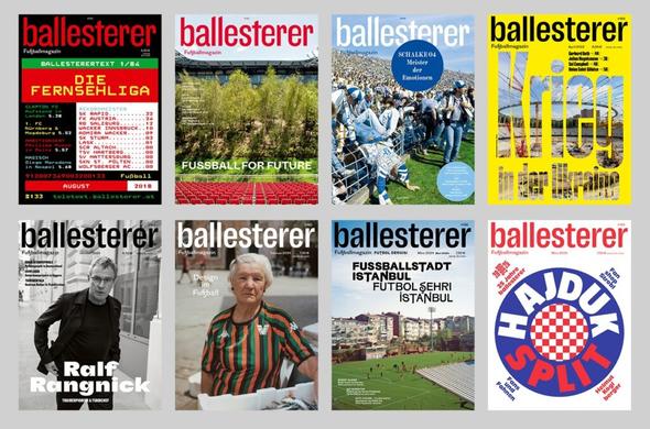 Acht verschiedene Heft-Cover des ballesterer Magazins aus der 25-jährigen Geschichte.