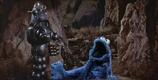cookie (monster) shocked and thrilled by robby the robot's massive booze supply