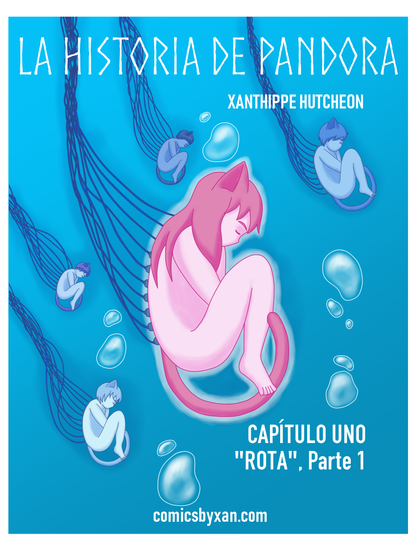 Portada de La Historia de Pandora, de Xanthippe Hutcheon. Capítulo 1: Rota, parte 1.

En la imagen, se muestran varios Ayudantes, o personas gato, conectadas con cables a lo largo de sus columnas vertebrales