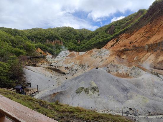 A photo of a large area of sulphurous volcanic hot springs