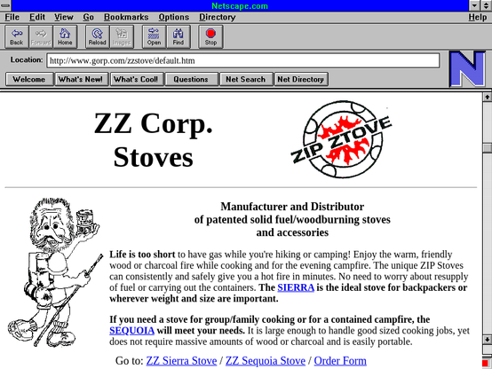 A screengrab of http://www.gorp.com/zzstove/default.htm from Dec 1996