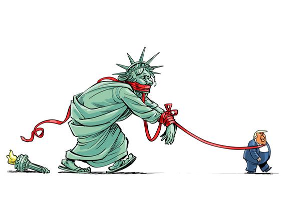 Cartoon showing Trump pulling along the Statue of Liberty, who is bound an gagged by Trump's long red tie.