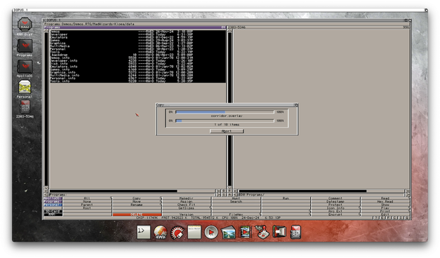 A screenshot of my workbench screen from ApolloOS on my Vampire V4 Amiga. It shows Directory Opus copying files from the Programs partition onto an SD card.