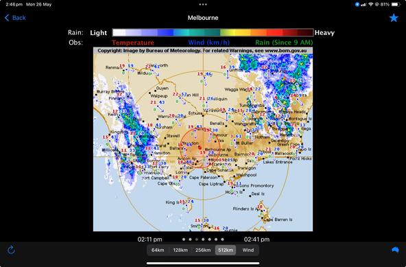 The Victorian weather radar showing lots of rain on the New South Wales & South Australia borders.