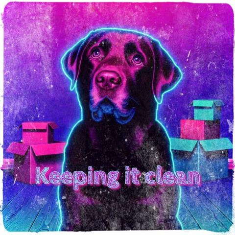 A digital artwork featuring a black Labrador retriever with a neon blue outline against a vibrant pink and purple background. The dog is centered in the image, with a serious expression. Surrounding the dog are several colorful cardboard boxes. The text "Keeping it clean" is written in a playful, neon-style font at the bottom of the image.