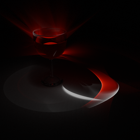 A 3D render of a glass of red wine with a spotlight shining on it.  The light refracts through the glass, shining a crescent of light beyond its shadow.  The glass radiates beams of red light in all directions.