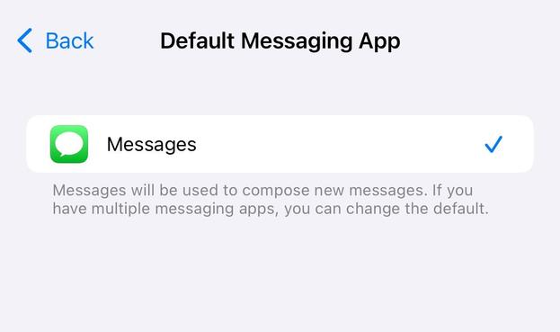 A smartphone screen displaying the "Default Messaging App" settings, with "Messages" selected as the default app. A brief explanation indicates that this app will be used for composing new messages, and mentions the option to change the default if multiple messaging apps are installed.