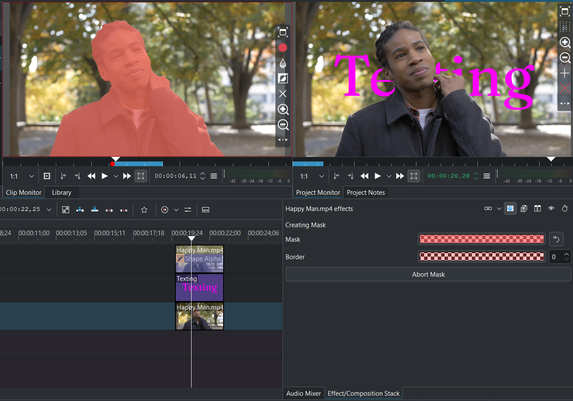 A screenshot of the Kdenlive video editing interface. A clip of a man outdoors is seen with a red mask overlay applied over him. Another panel shows the same man with the word "Texting" behind him, hidden along the outline of the mask.